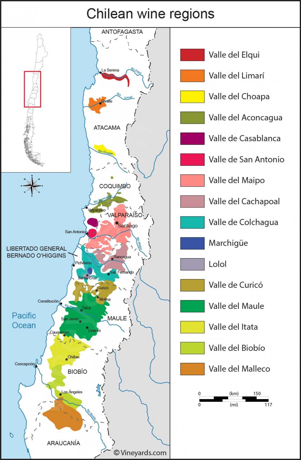 Mapa regionów winiarskich Chile 